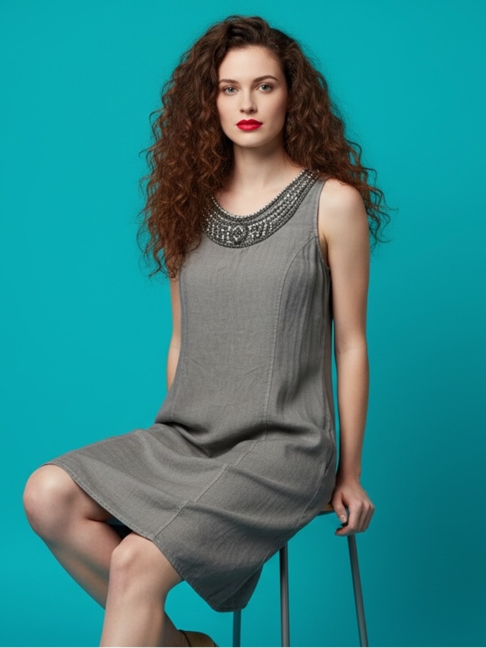 Lina Tomei Italy Taupe Neckline Beaded Detailing Linen Shift Dress Size S